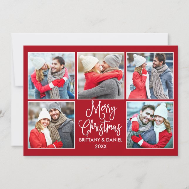 Modern Calligraphy Couple 5 Photo Christmas Red Holiday Card (Front)