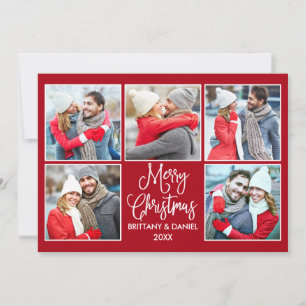 Modern Calligraphy Couple 5 Photo Christmas Red Holiday Card