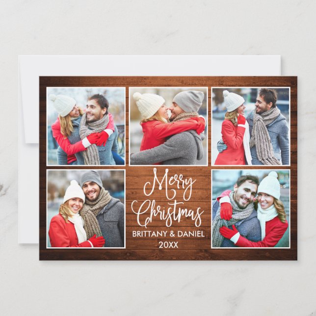 Modern Calligraphy Couple 5 Photo Christmas Wood Holiday Card (Front)