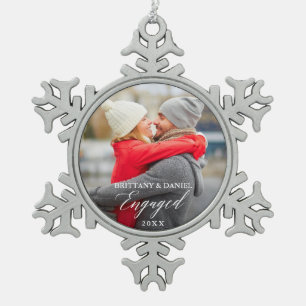 Modern Calligraphy Couple Photo Engaged Snowflake Pewter Christmas Ornament