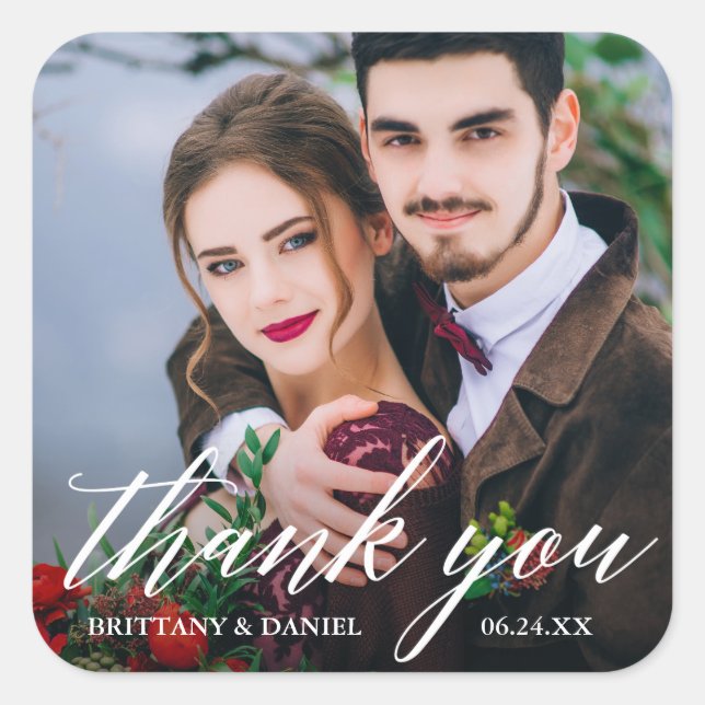 Modern Calligraphy Couple Photo Wedding Thank You Square Sticker (Front)