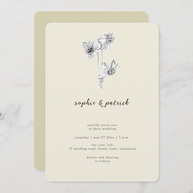 Modern Calligraphy Daffodil Minimal Spring Wedding Invitation (Front/Back)