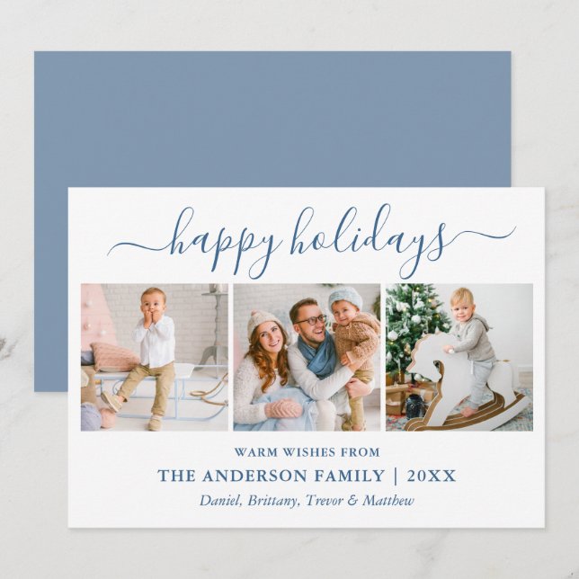 Modern Calligraphy Dusty Blue 3 Photo Holiday Card (Front/Back)