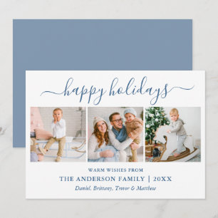 Modern Calligraphy Dusty Blue 3 Photo Holiday Card