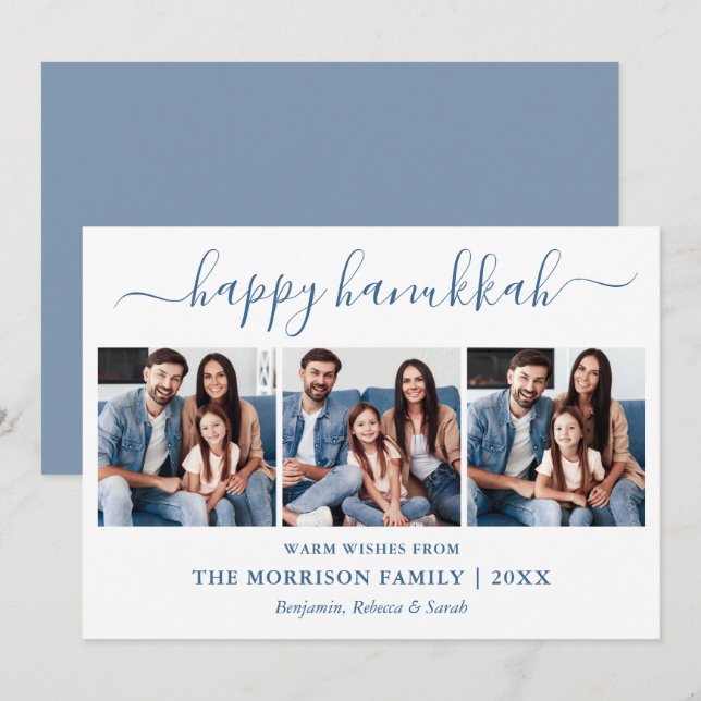 Modern Calligraphy Dusty Blue Hanukkah 3 Photo Holiday Card (Front/Back)