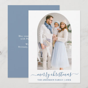 Modern Calligraphy Dusty Blue Photo Arch Christmas Holiday Card