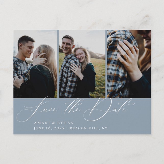Modern Calligraphy Dusty Blue Photo Save the Date Announcement Postcard (Front)