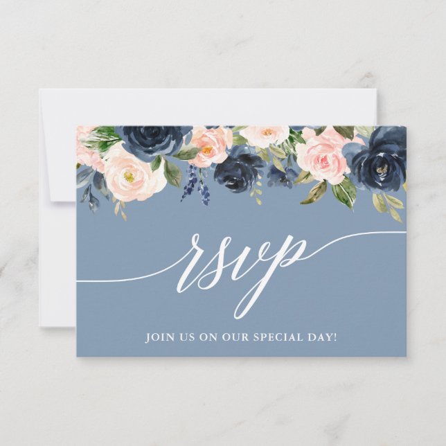 Modern Calligraphy Dusty Blue Pink Floral RSVP Card (Front)