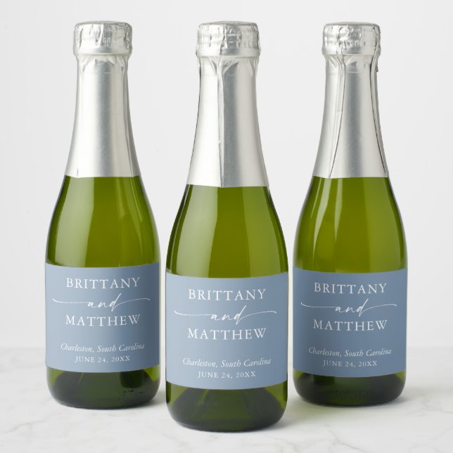 Modern Calligraphy Dusty Blue Wedding Mini Sparkling Wine Label (Bottles)