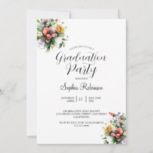 Modern Calligraphy Elegant Floral Grad Party Invitation