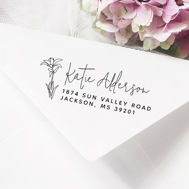 Modern Calligraphy Elegant Flower Return Address Rubber Stamp (Rubber Stamp Mock-up)