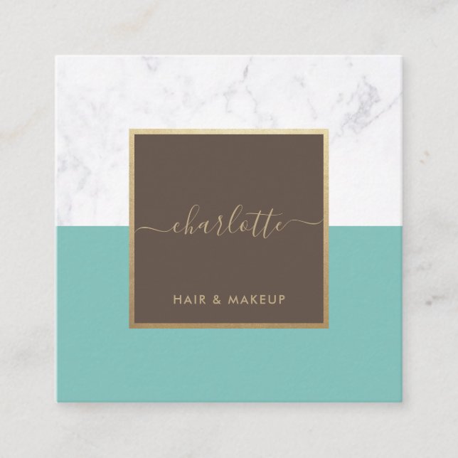 Modern Calligraphy Elegant Gold Brown & Teal Square Business Card (Front)