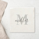 Modern Calligraphy Family Name Monogram Stone Coaster<br><div class="desc">Custom-designed stone coasters featuring personalised monogram and family name in modern hand calligraphy.</div>