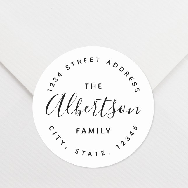 Modern Calligraphy Family Name Return Address Classic Round Sticker (Creator Uploaded)