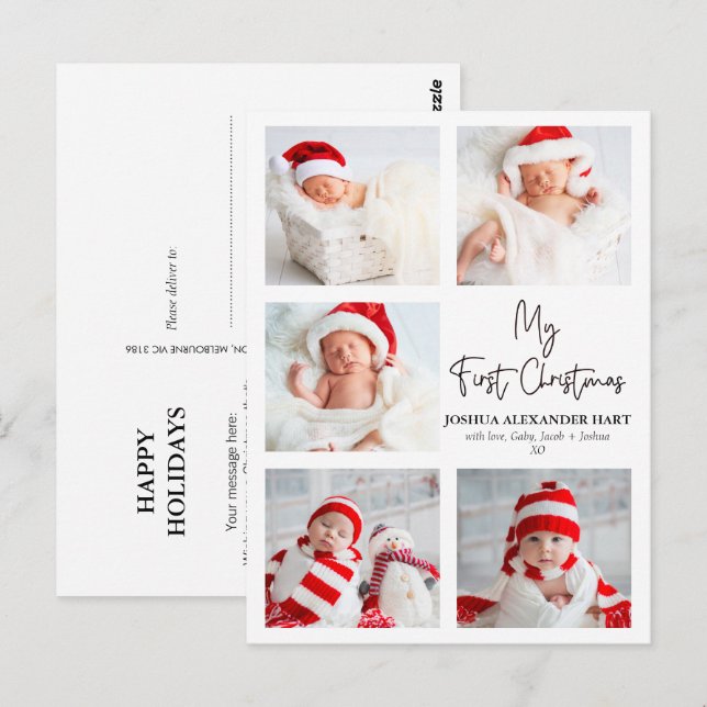 Modern Calligraphy Five Photo My First Christmas Postcard (Front/Back)