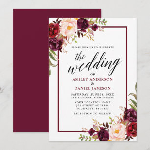 Modern Calligraphy Floral Burgundy Frame Wedding Invitation
