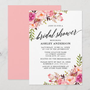 Modern Calligraphy Floral Pink Blush Bridal Shower Invitation