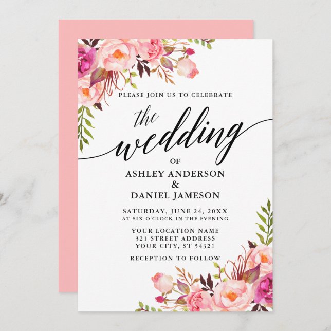 Modern Calligraphy Floral Pink Blush Wedding Invitation (Front/Back)