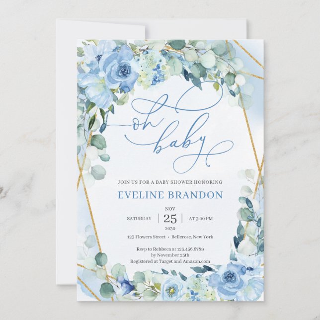 Modern Calligraphy Font Blue Floral Baby Shower Invitation (Front)