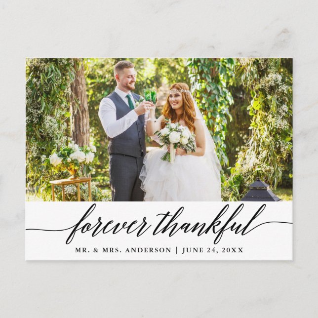 Modern Calligraphy Forever Thankful Wedding Postcard (Front)