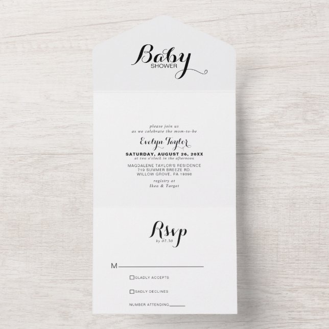 Modern Calligraphy Formal Baby Shower  All In One Invitation (Inside)
