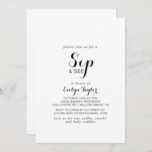Modern Calligraphy Formal Sip and See  Invitation (Front/Back)