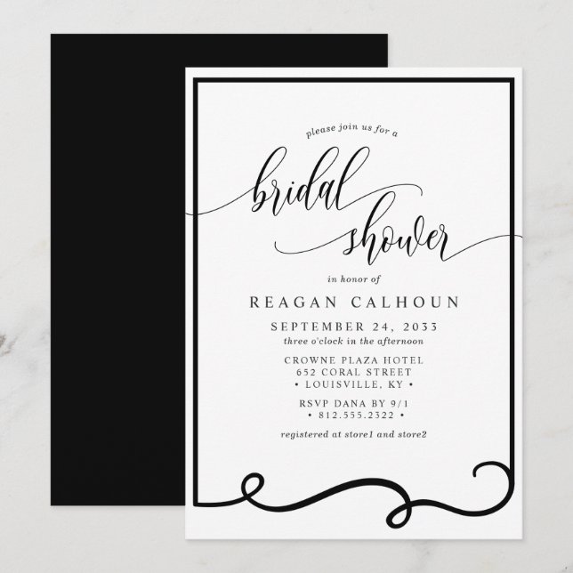 Modern Calligraphy Frame Black White Bridal Shower Invitation (Front/Back)