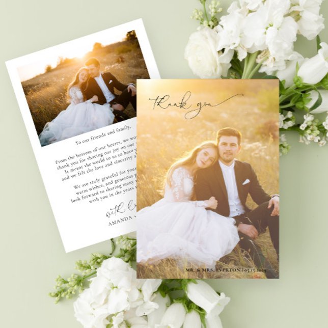 Modern Calligraphy Full Bleed Photo Wedding Thank You Card (Easily personalize this 2 photo wedding thank you card with your images and personal message)