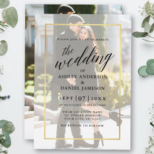 Modern Calligraphy Gold Frame Photo Wedding Invitation