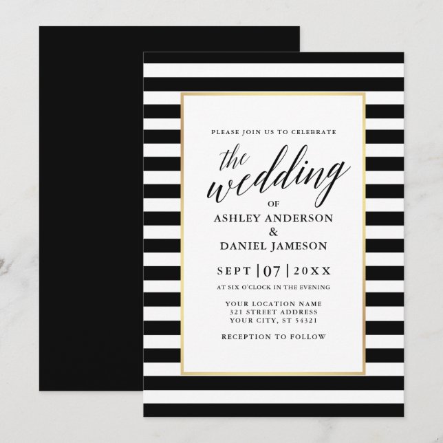 Modern Calligraphy Gold Frame Striped Wedding Invitation (Front/Back)