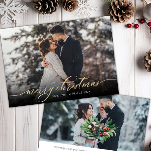 Modern Calligraphy Gold Script 2 Photo Christmas Holiday Card