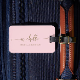 Modern Calligraphy Gold Script Monogram Name Pink Luggage Tag