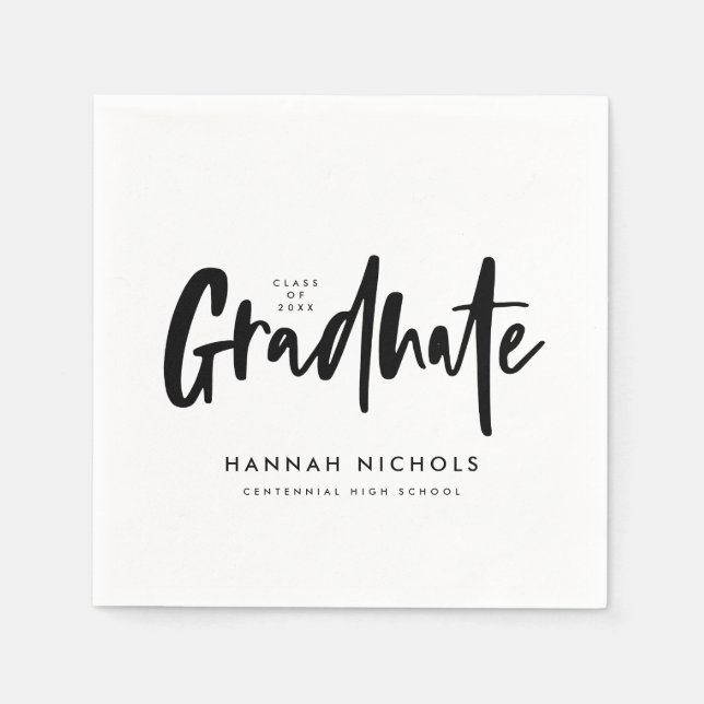Modern Calligraphy Graduation Party Black White Napkin (Front)
