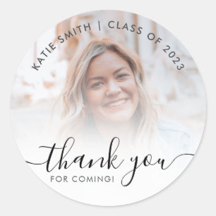 Modern Calligraphy Graduation Photo Thank You Classic Round Sticker