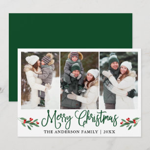 Modern Calligraphy Green Christmas Holly 3 Photo Holiday Card