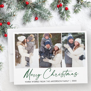 Modern Calligraphy Green Ink Pen Christmas 3 Photo Holiday Card