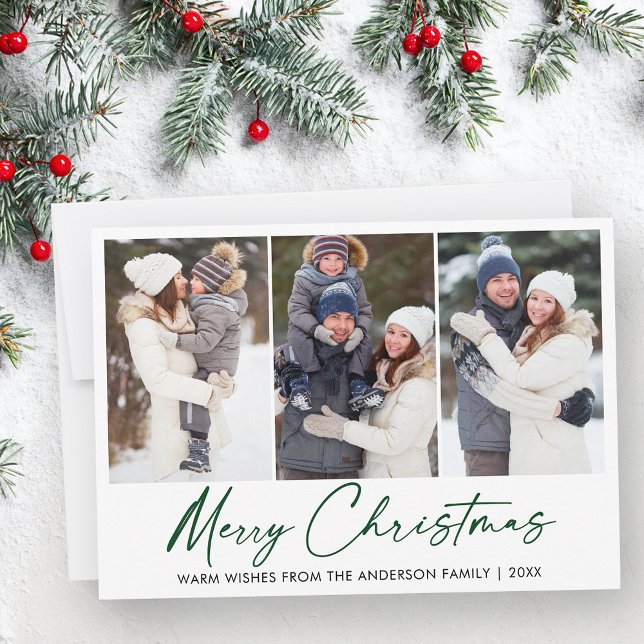Modern Calligraphy Green Ink Pen Christmas 3 Photo Holiday Card (Customize to change your personalized text size or style.)