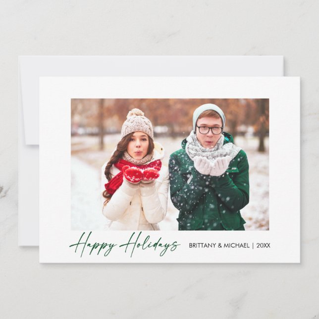 Modern Calligraphy Green Ink Script Couple Photo Holiday Card (Front)
