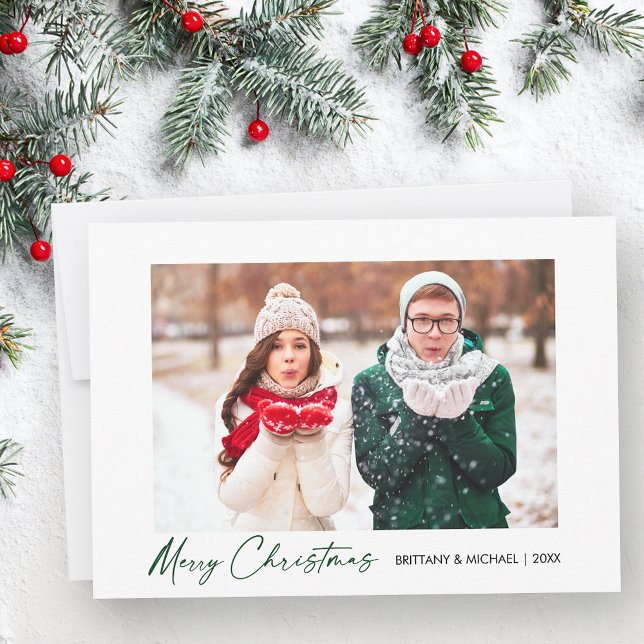 Modern Calligraphy Green Ink Script Couple Photo Holiday Card (Customize to change your personalized text size or style.)