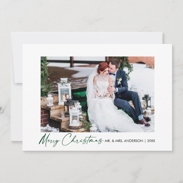 Modern Calligraphy Green Ink Script Wedding Photo Holiday Card (Front)