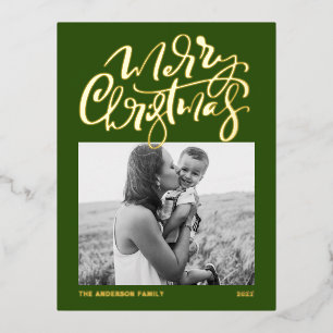Modern Calligraphy Green Merry Christmas Photo Foil Holiday Postcard
