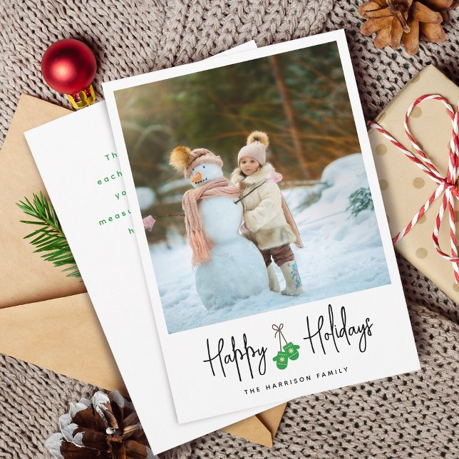 Modern Calligraphy Green Mittens Photo Flat Holiday Card (Modern Calligraphy Mittens Photo Flat Holiday Card)