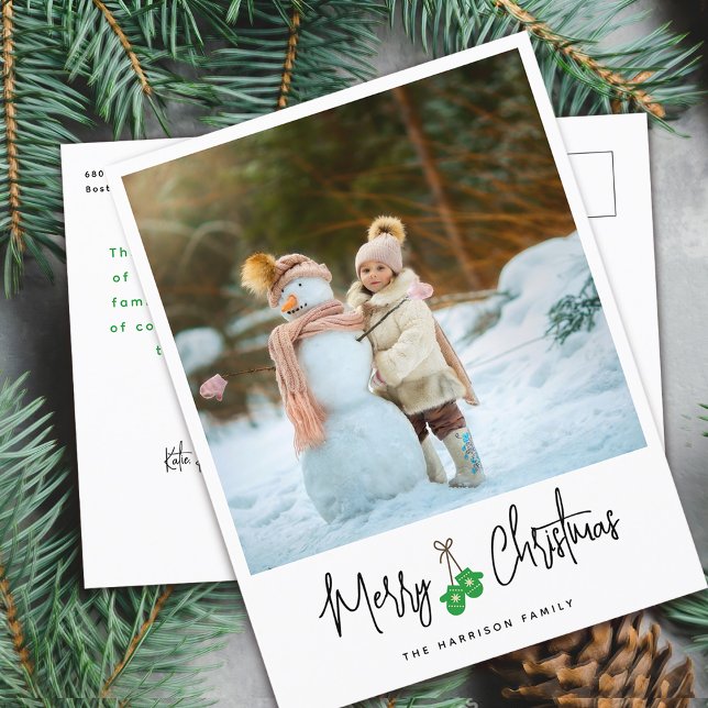 Modern Calligraphy Green Mittens Photo Holiday Postcard (Modern Calligraphy Green Mittens Photo Holiday Postcard)