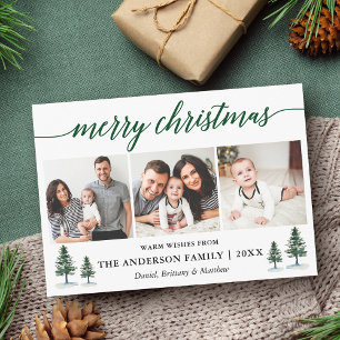 Modern Calligraphy Green Pines Christmas 3 Photo Holiday Card