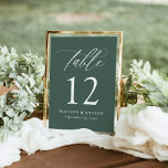 Modern Calligraphy Green Wedding Table Number<br><div class="desc">Add a touch of sophistication to your wedding reception with our elegant table number cards, featuring beautiful white calligraphy on a rich dark green background. This modern yet timeless design complements weddings of all themes and seasons, from lush spring ceremonies to intimate winter gatherings. Personalise each card with your names...</div>