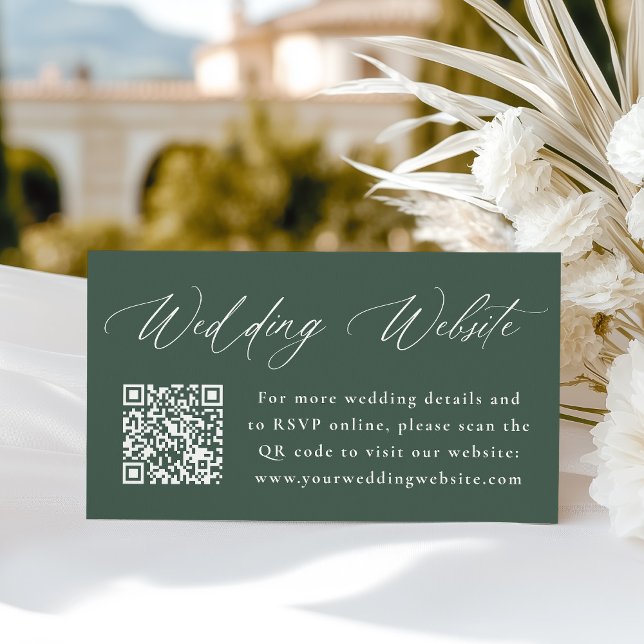 Modern Calligraphy Green Wedding Website QR Code Enclosure Card (Creator Uploaded)
