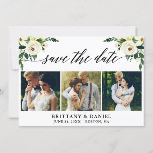 Modern Calligraphy Green White Floral 3 Photo Save The Date