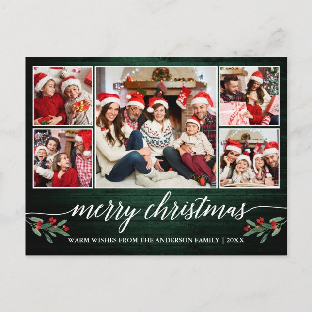 Modern Calligraphy Green Wood 5 Photo Christmas Postcard (Front)