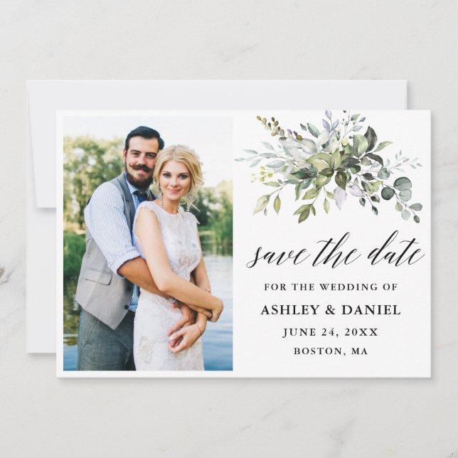 Modern Calligraphy Greenery Photo Save The Date (Front)