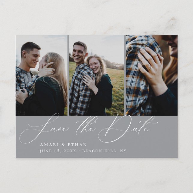 Modern Calligraphy Grey Multi-Photo Save the Date Announcement Postcard (Front)